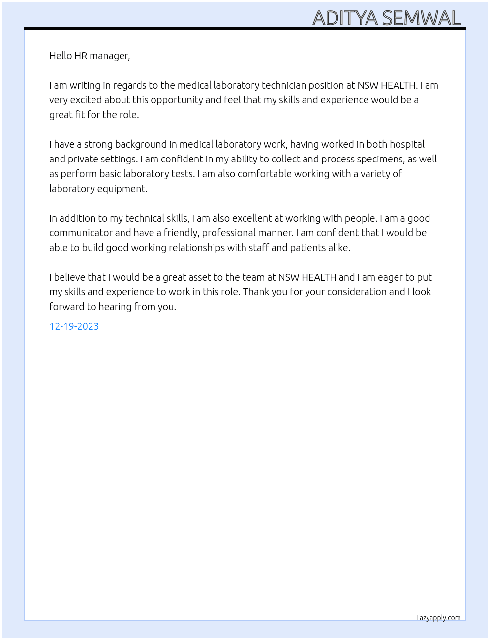Medical laboratory technician  At NSW HEALTH  Cover Letter