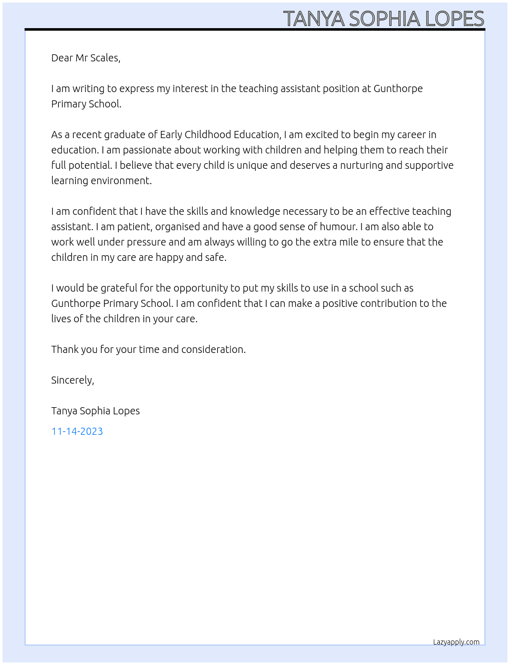 teaching assistant At Gunthorpe Primary School Cover Letter