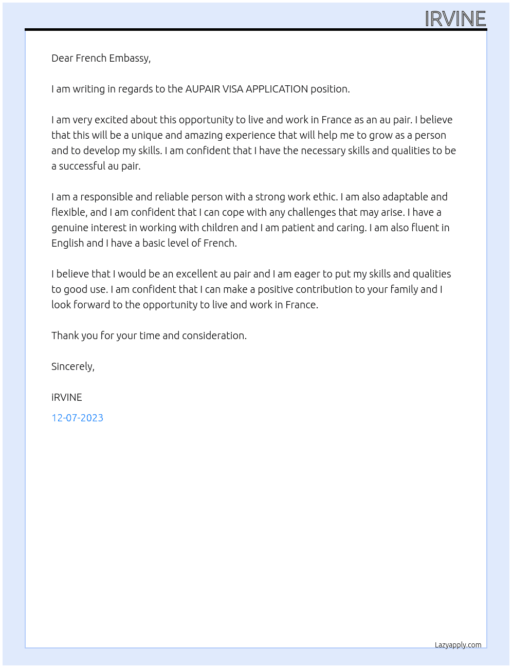AUPAIR VISA APPLICATION At FRENCH EMBASSY Cover Letter