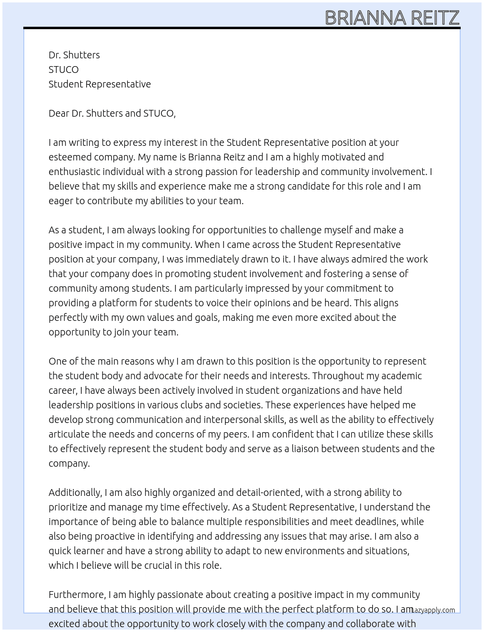 Student At Student Representative Cover Letter