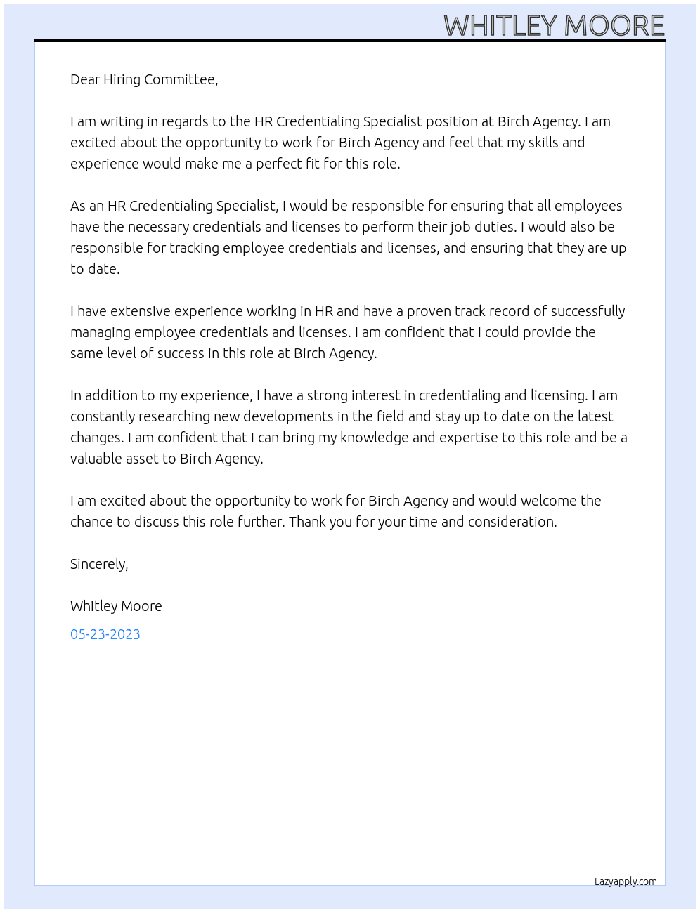 HR Credentialing Specialist At Birch Agency Cover Letter