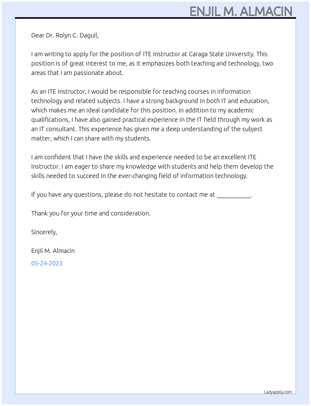 ITE Instructor  At Caraga State University  Cover Letter