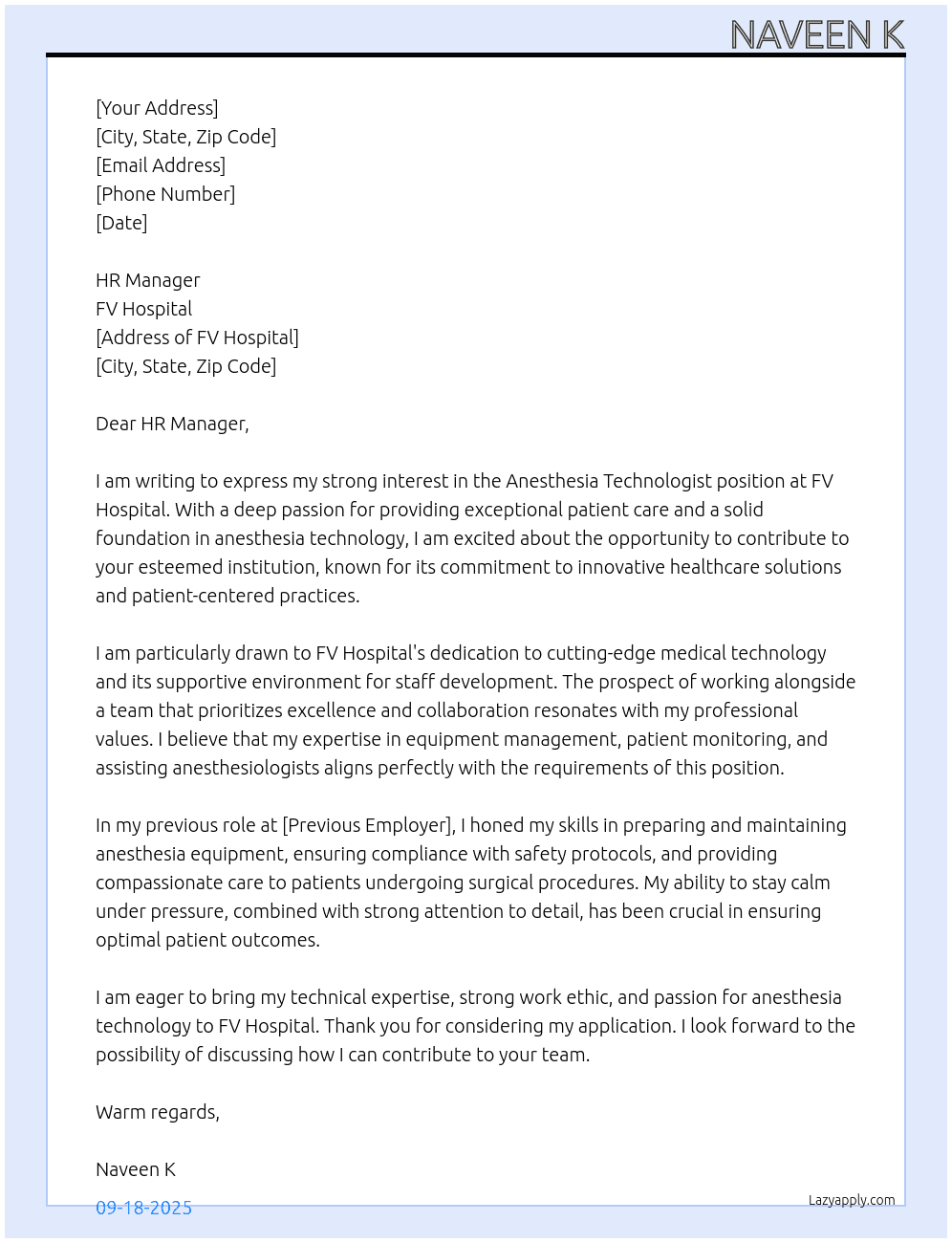 Anesthesia technologist At FV HOSPITAL Cover Letter