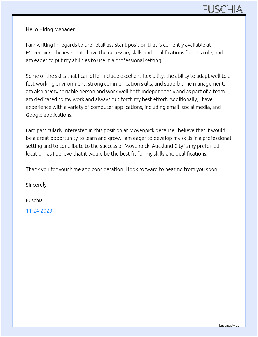 retail assistant  At Movenpick  Cover Letter