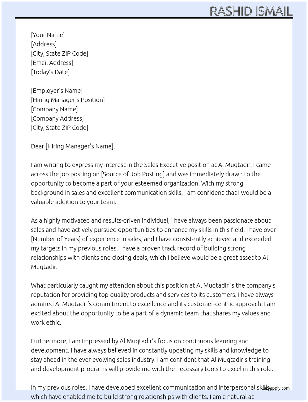 Sales Executive  At Al Muqtadir Cover Letter