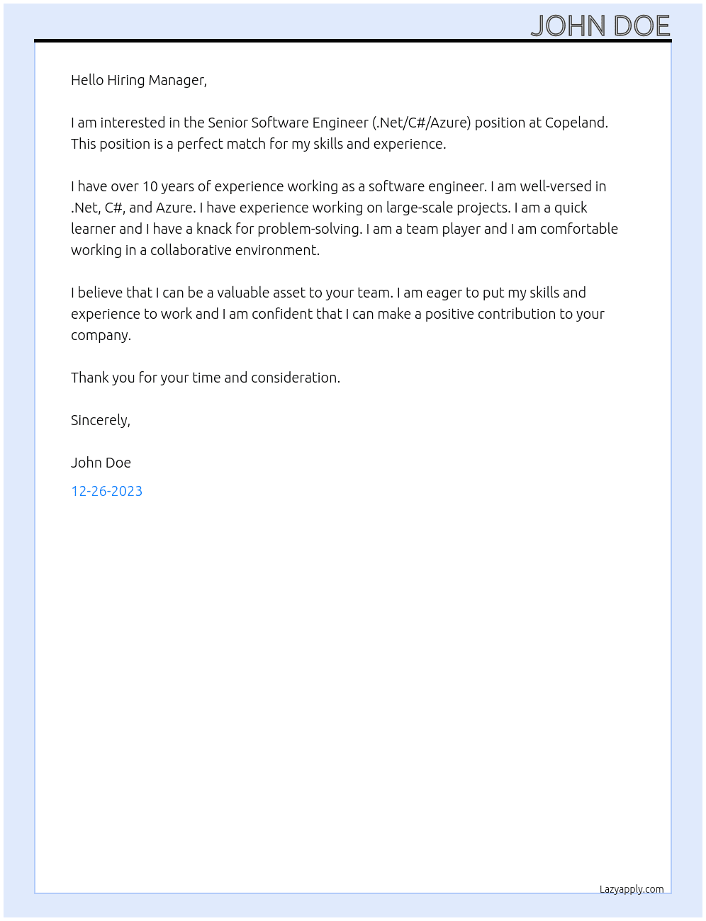 Senior Software Engineer (.Net/C#/Azure) At Copeland Cover Letter