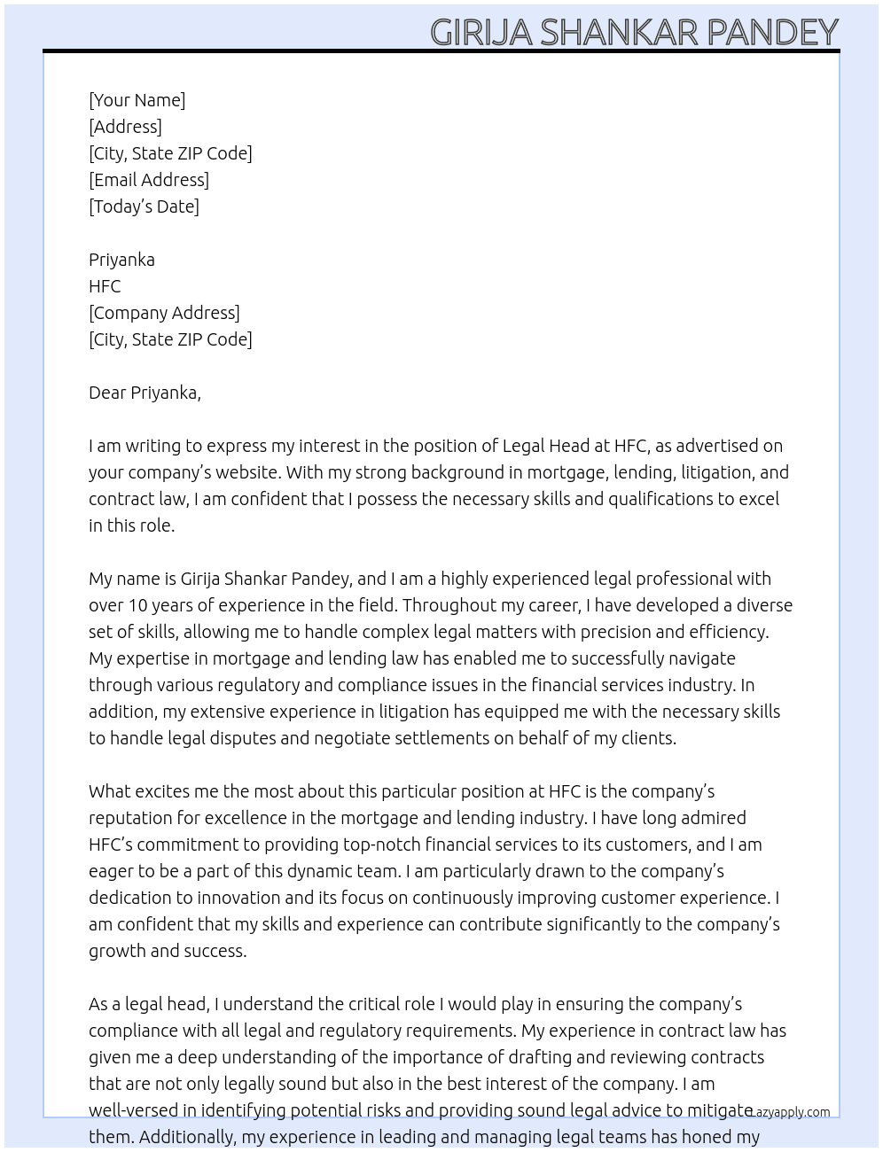Legal Head At HFC Cover Letter