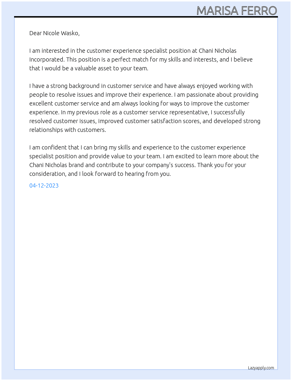   Customer Experience Specialist At Chani Nicholas Incorporated Cover Letter
