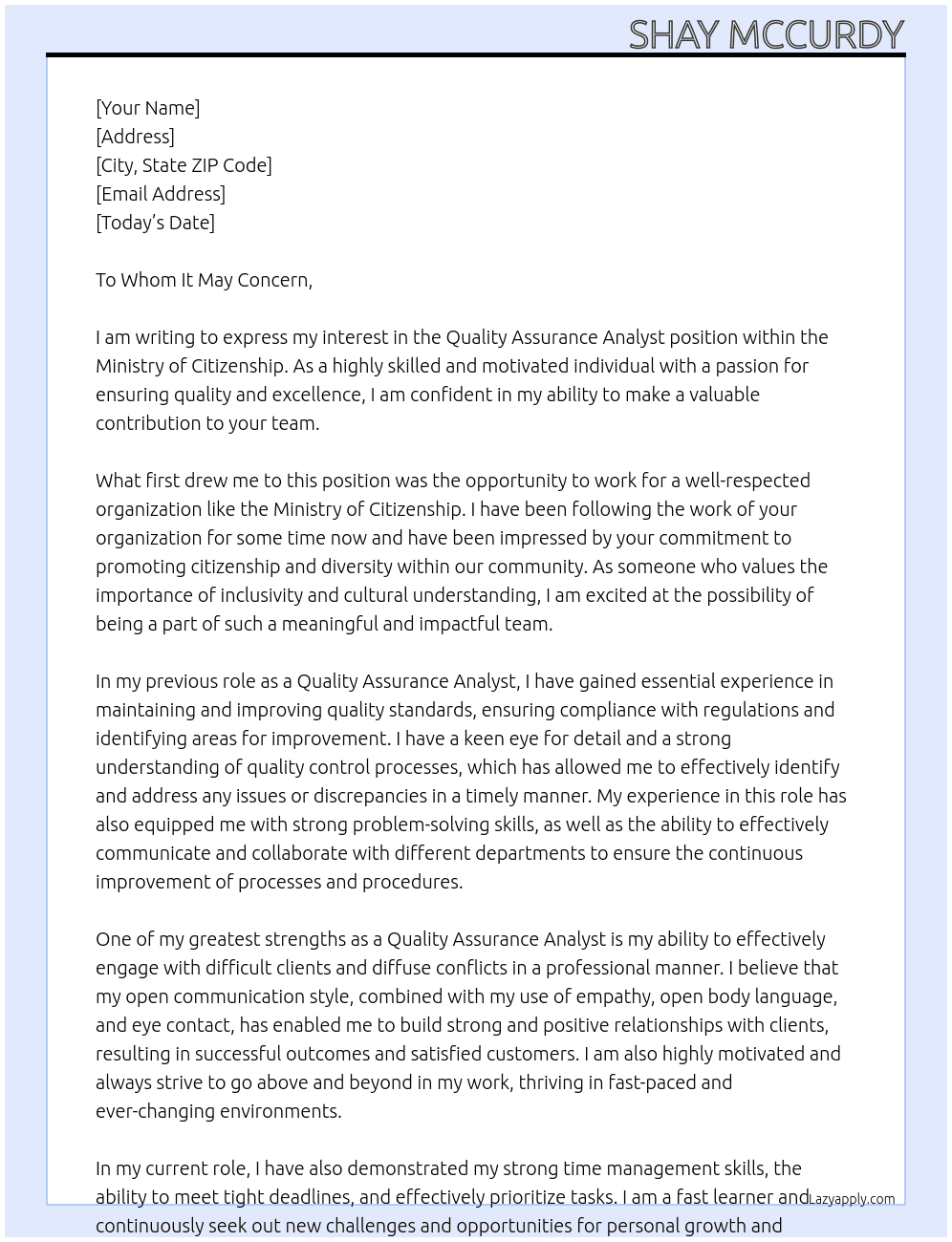Quality Assurance Analyst, Citizenship At Ministry of Citizenship Cover Letter