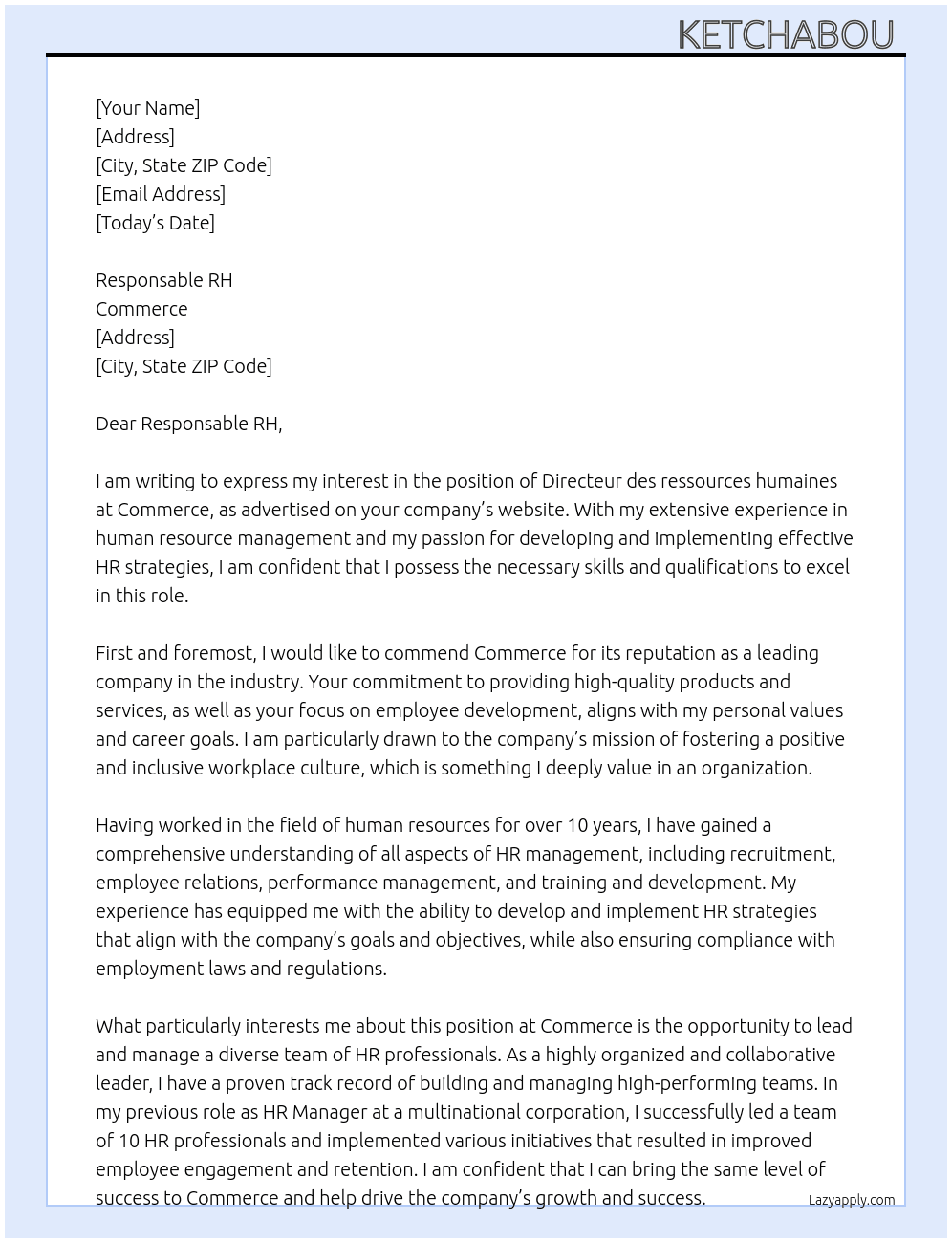 Directeur des ressources humaines  At Commerce Cover Letter