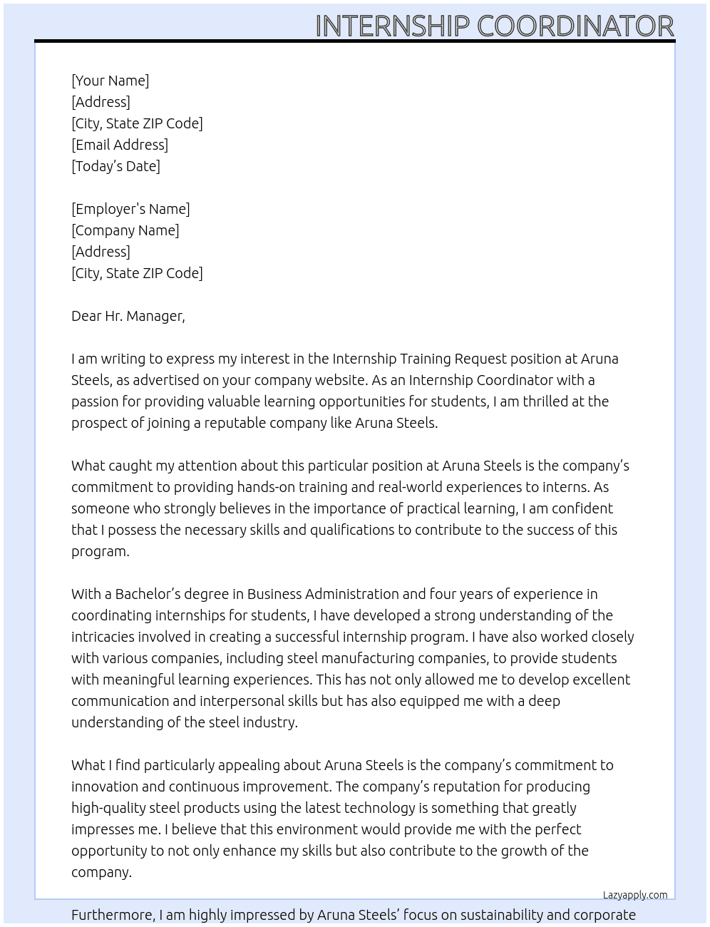 Internship Training Request At Aruna Steels Cover Letter