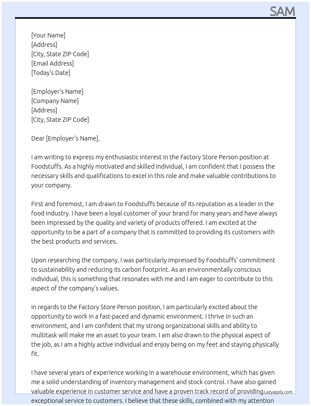 Factory Store Person At Foodstuffs Cover Letter