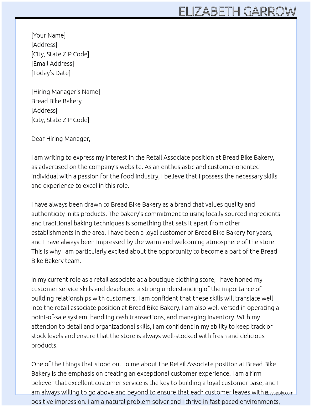 Retail associate At Bread Bike Bakery Cover Letter