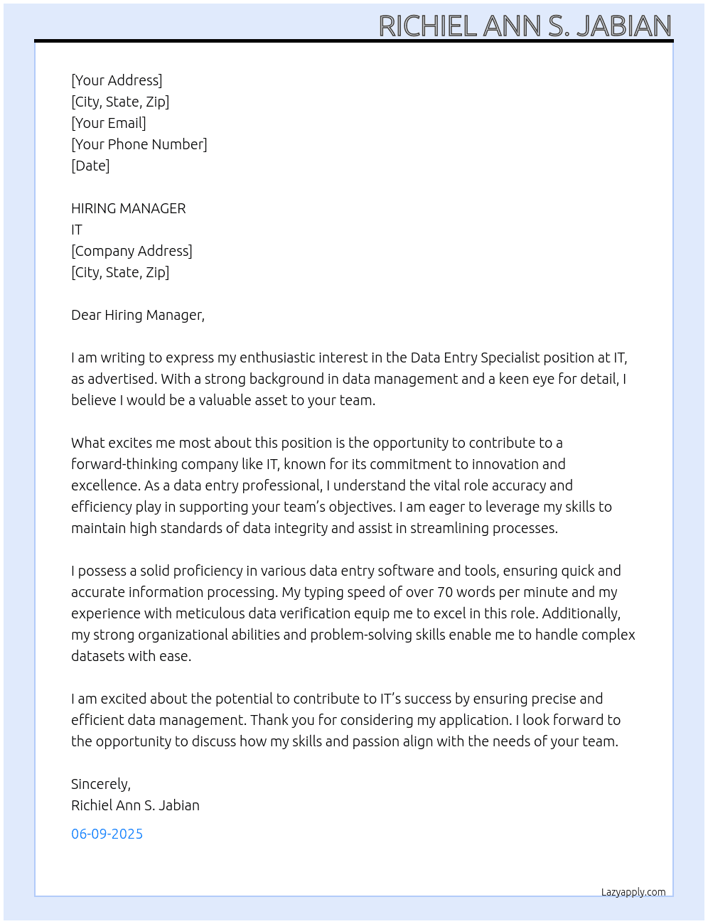 DATA ENTRY SPECIALIST At IT  Cover Letter