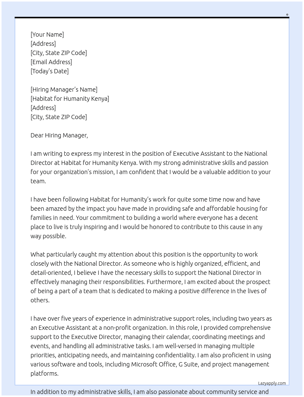 Executive Assistant to the National Director At Habitat for Humanity Kenya Cover Letter