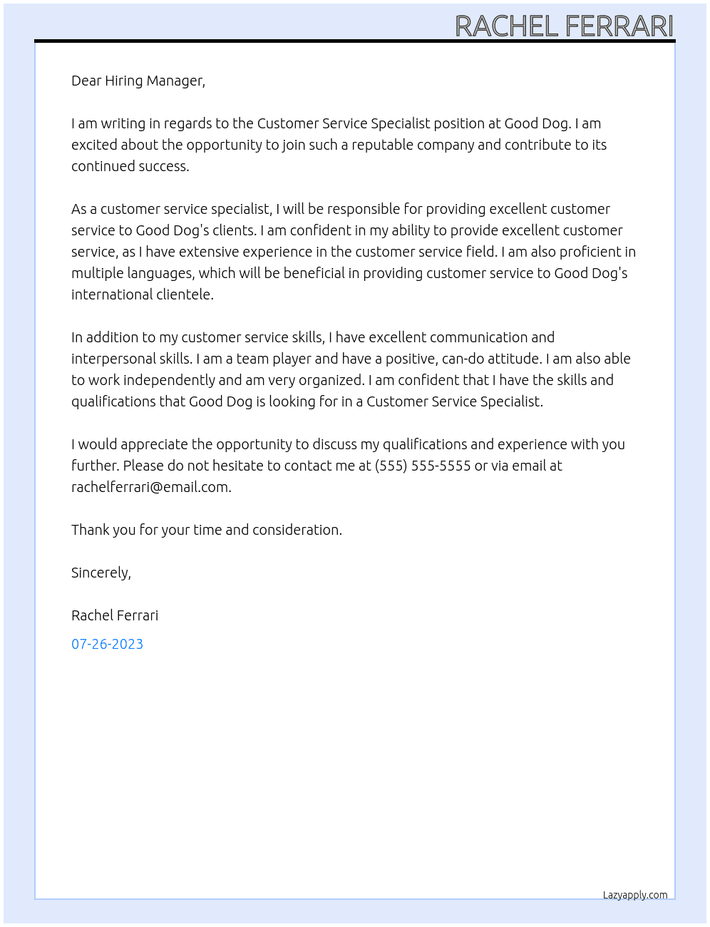 Customer Service Specialist At Good Dog Cover Letter