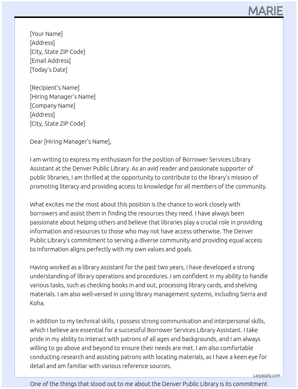 Borrower Services Library Assistant At Denver Public Library Cover Letter