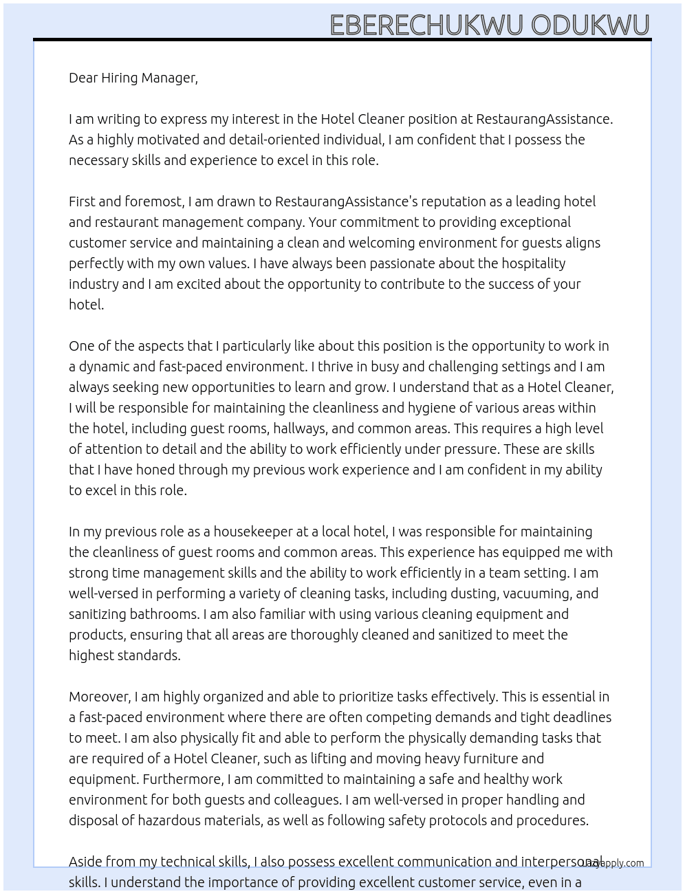 Hotel cleaner At RestaurangAssistance Cover Letter