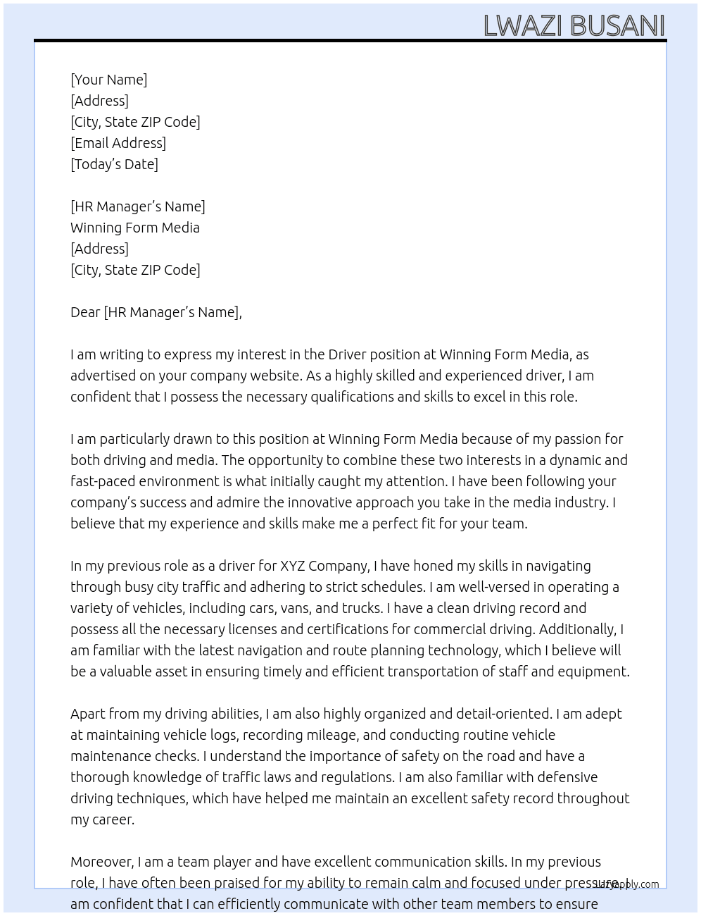 Driver At Winning Form Media Cover Letter