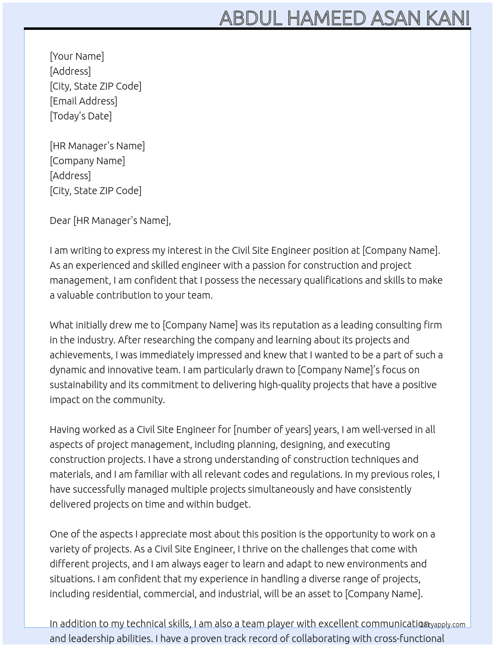 CIVIL SITE ENGINEER At CONSULTANZ Cover Letter