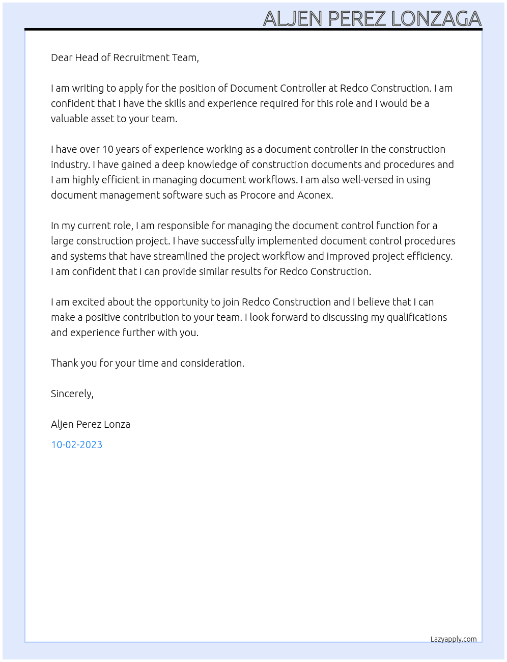 Document Controller At Redco Construction Cover Letter