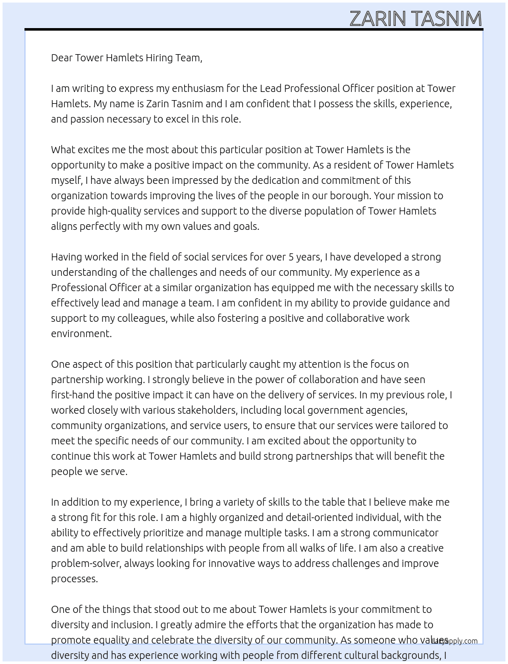 Cover letter for lead professional officer - LazyApply
