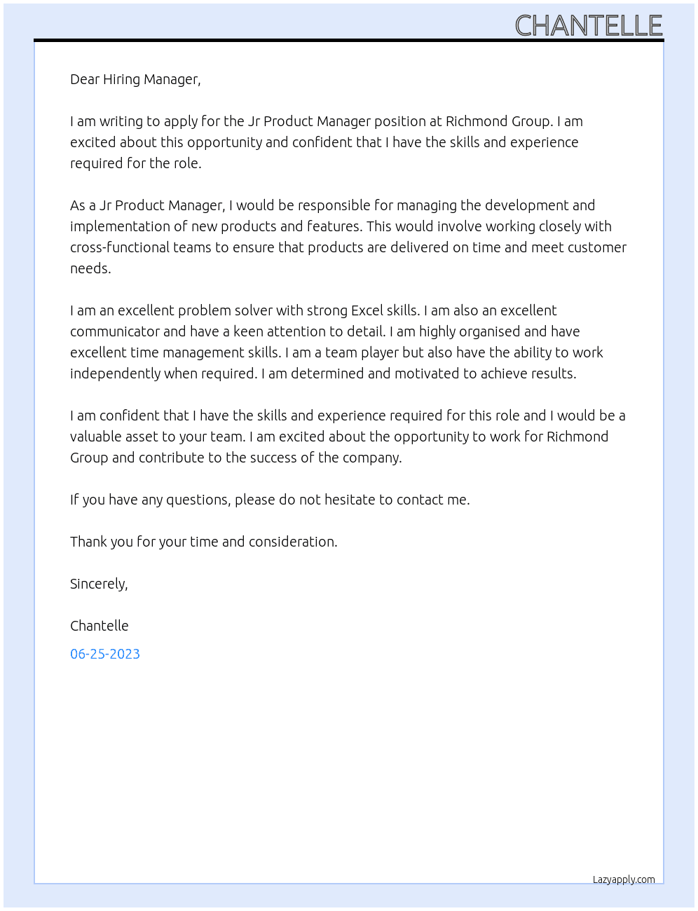 Jr Product Manager At Richmond Group Cover Letter
