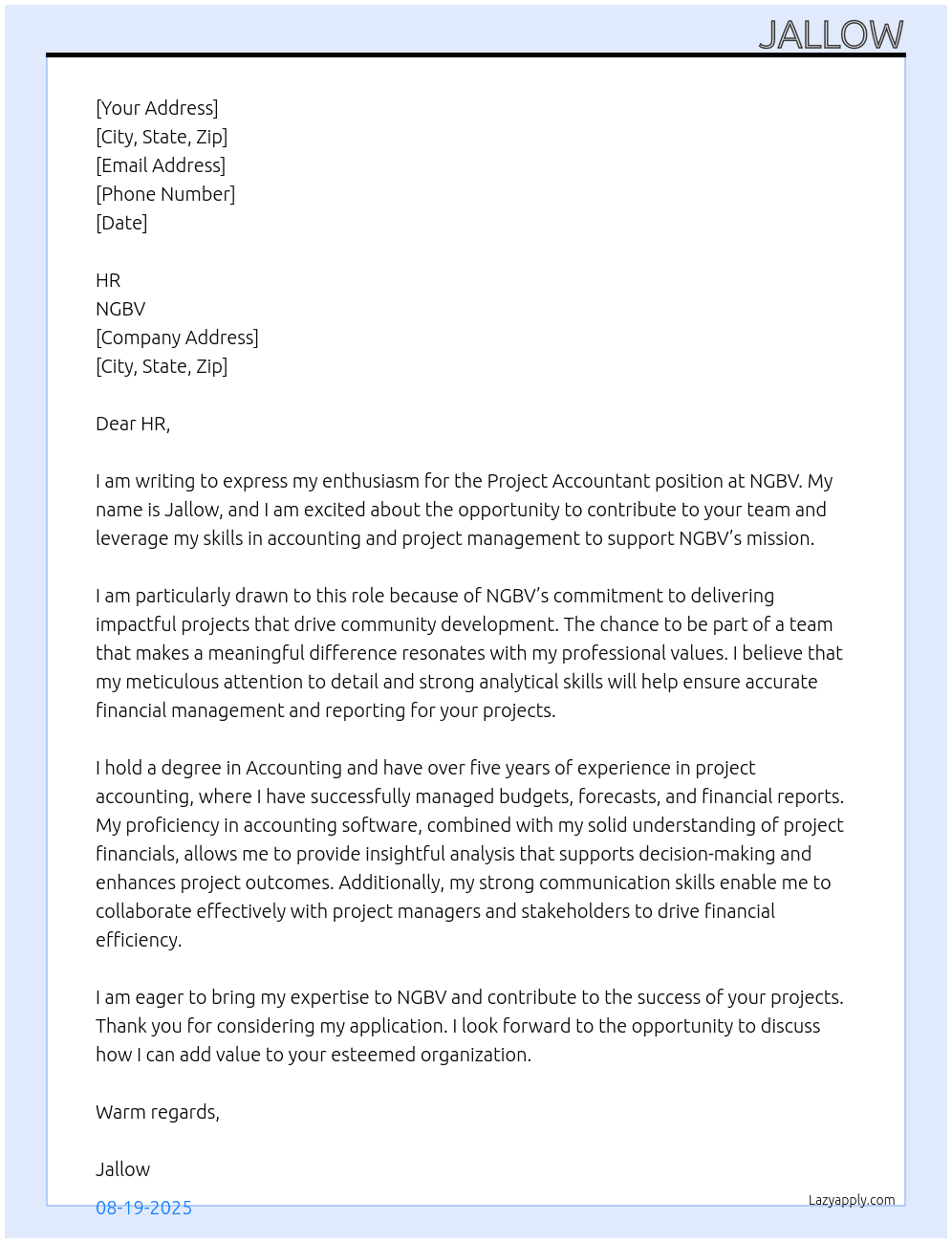 Cover letter for project accountant - LazyApply
