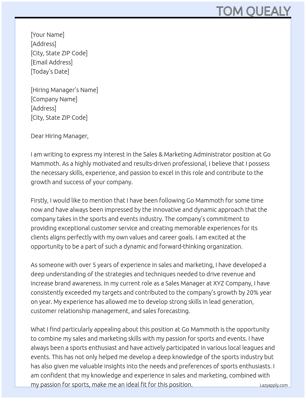 Sales & Marketing Administrator At Go Mammoth Cover Letter