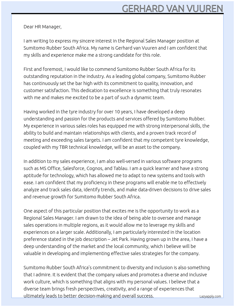 Regional sales manager At Sumitomo Rubber South Africa  Cover Letter