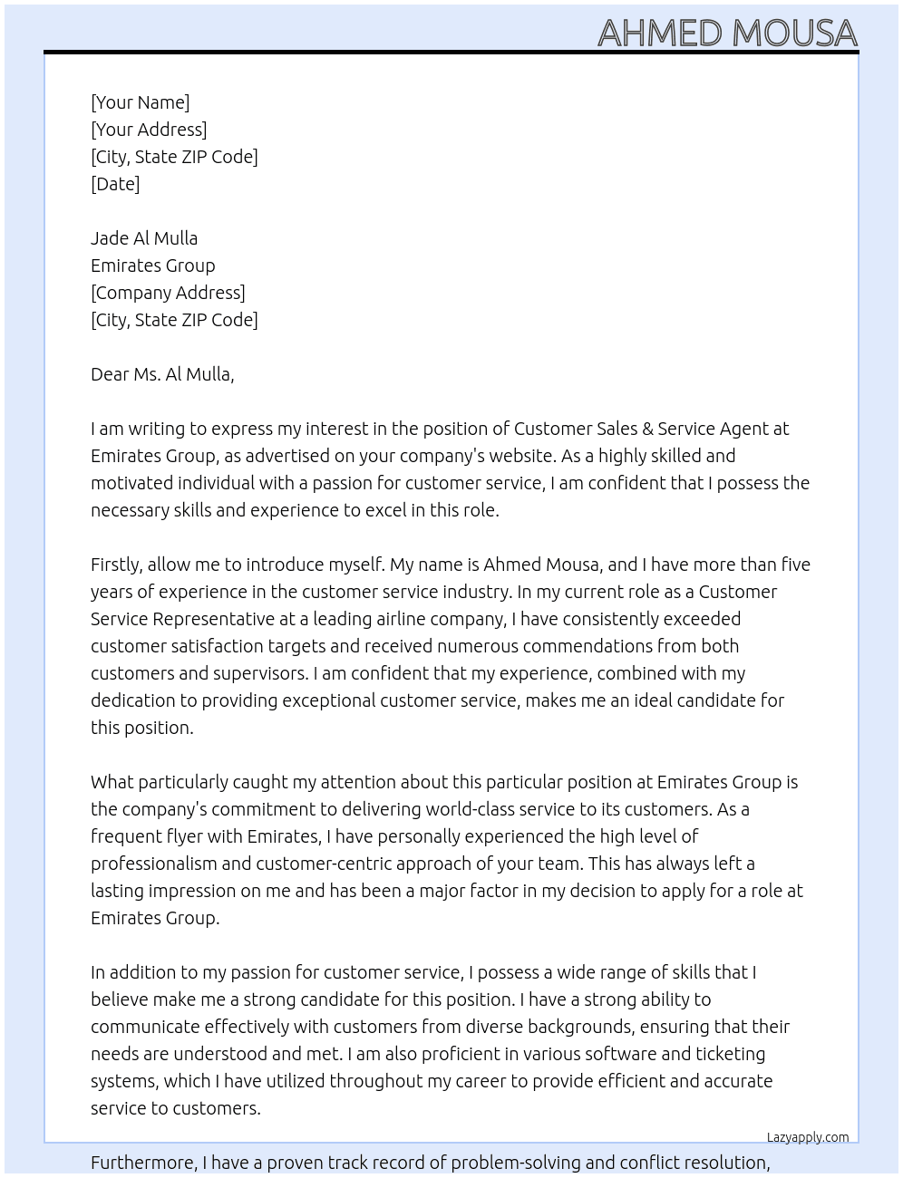 CUSTOMER SALES & SERVICE AGENT At Emirates group Cover Letter