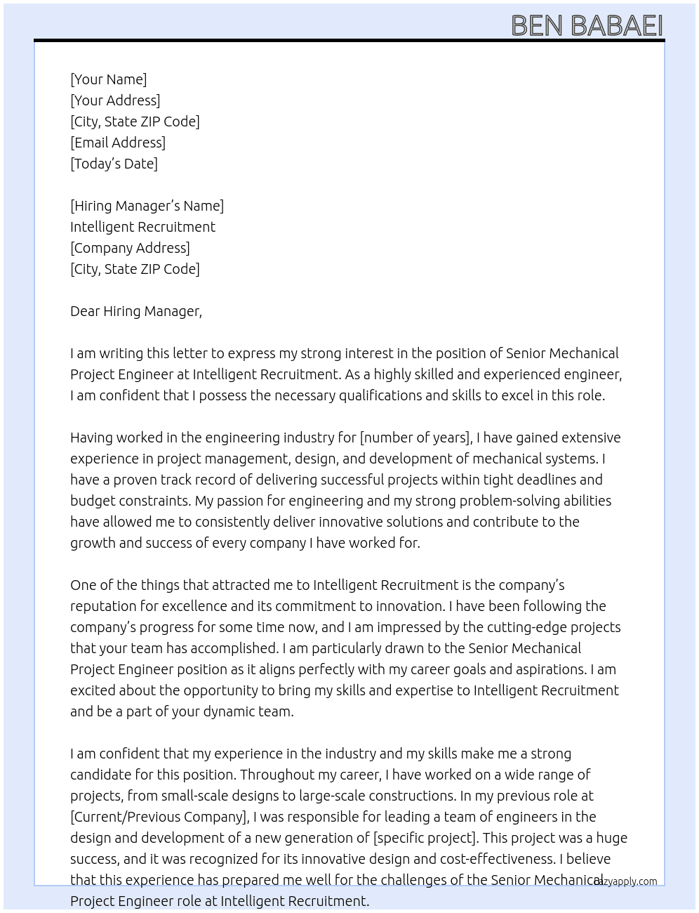 Senior Mechanical Project Engineer At Intelligent Recruitment Cover Letter