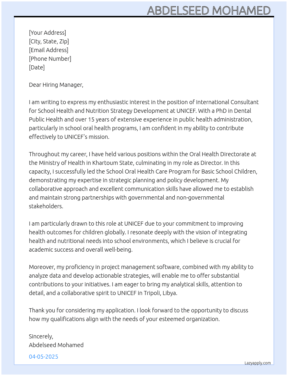 Cover letter for international consultant for school health and nutrition strategy development - LazyApply