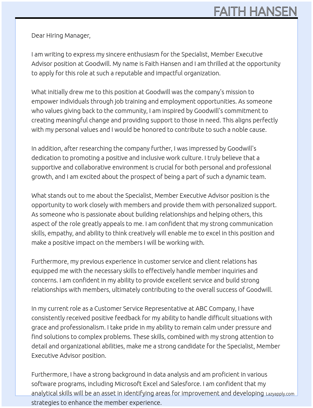 Specialist, Member Executive Advisor At Goodwill Cover Letter