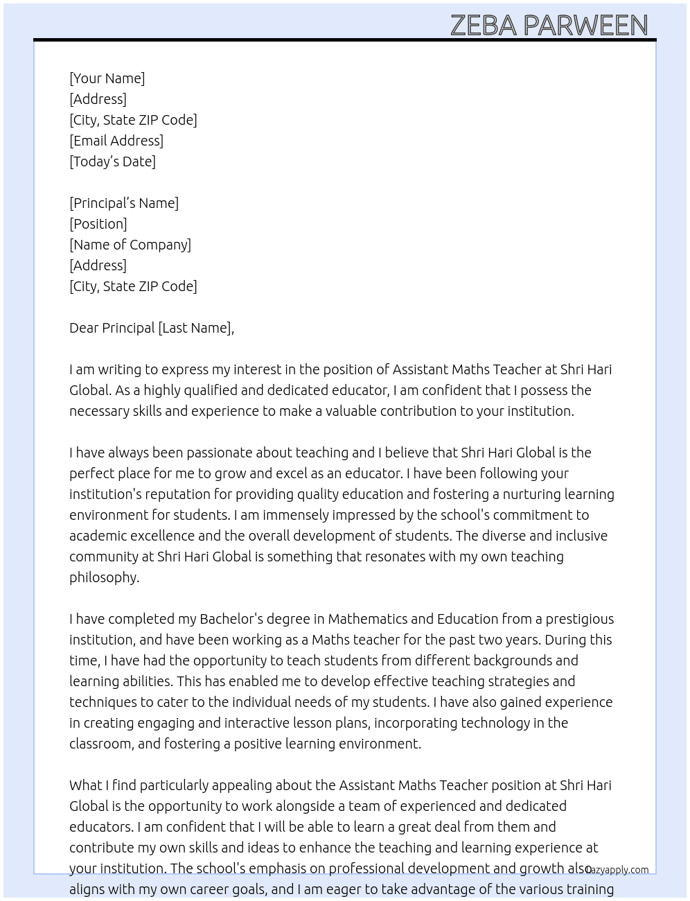 Cover letter for assistant maths teacher - LazyApply