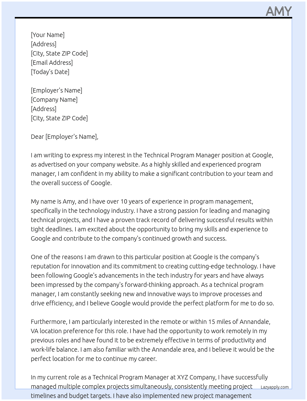 technical program manager At GOOGLE Cover Letter