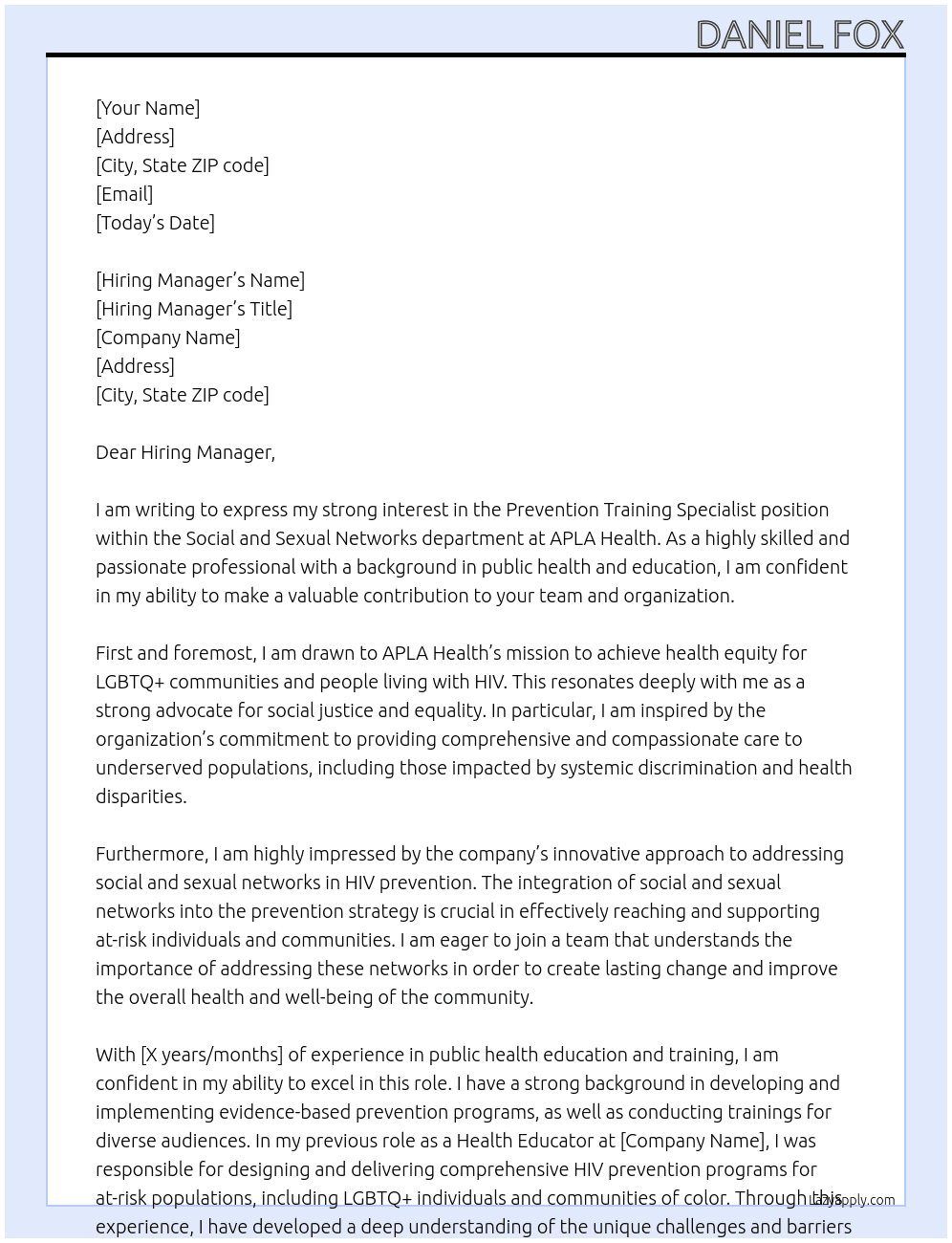 Prevention Training Specialist, Social and Sexual Networks At APLA Health Cover Letter