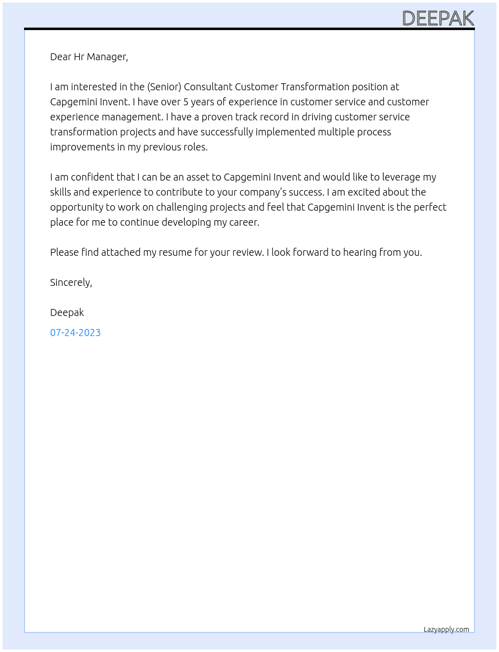 (Senior) Consultant Customer Transformation At Capgemini Invent Cover Letter
