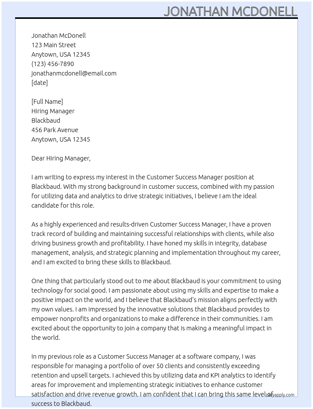 Customer Success Manager At Blackbaud Cover Letter