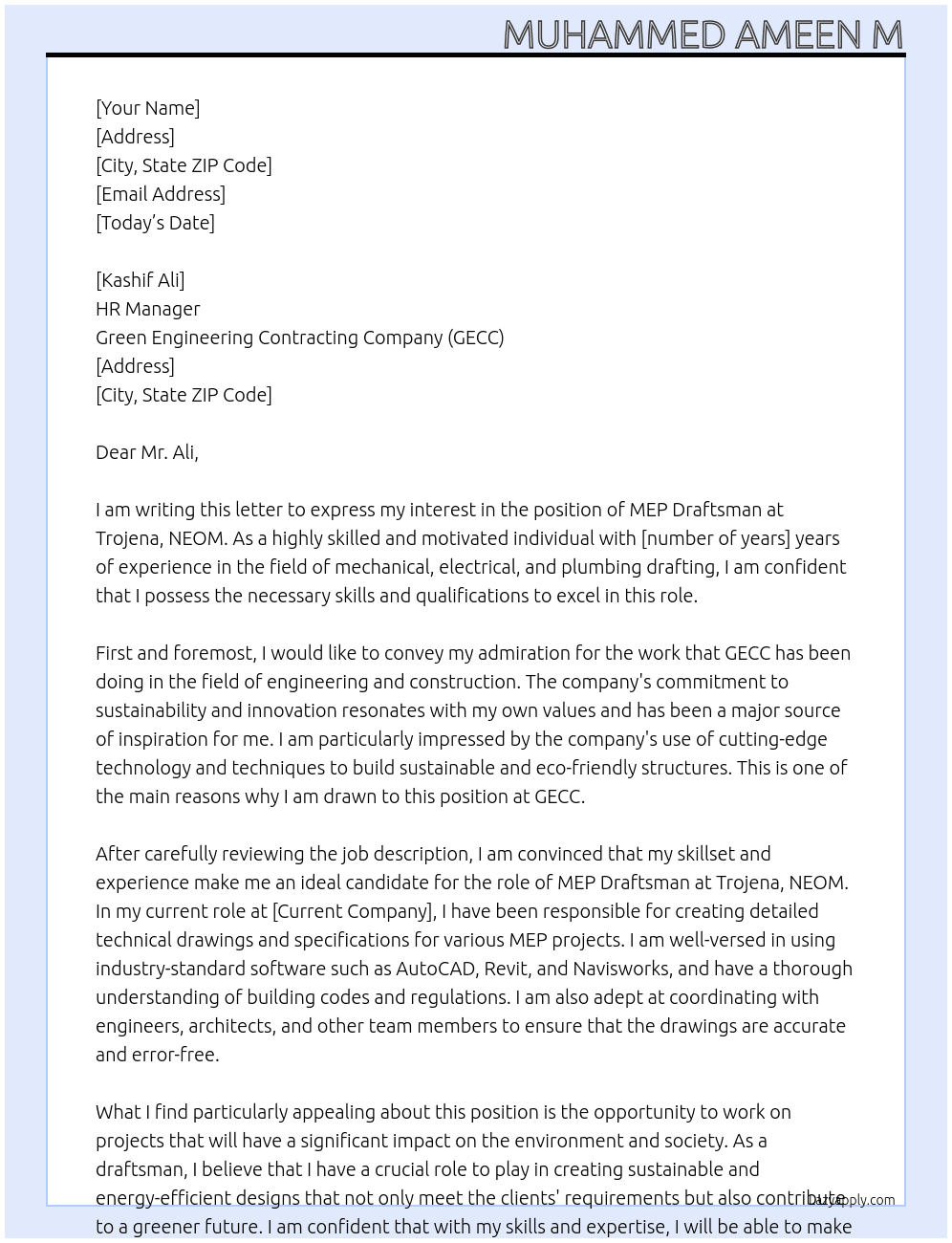 MEP Draftsman At Trojena, NEOM Cover Letter