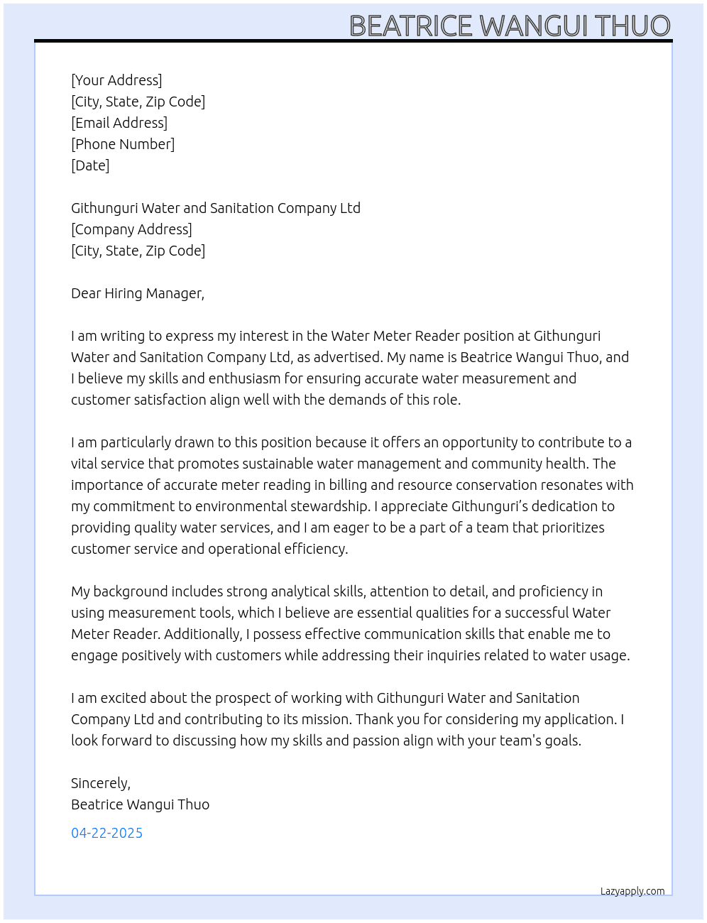 water meter reader At BEATRICE WANGUI THUO Cover Letter