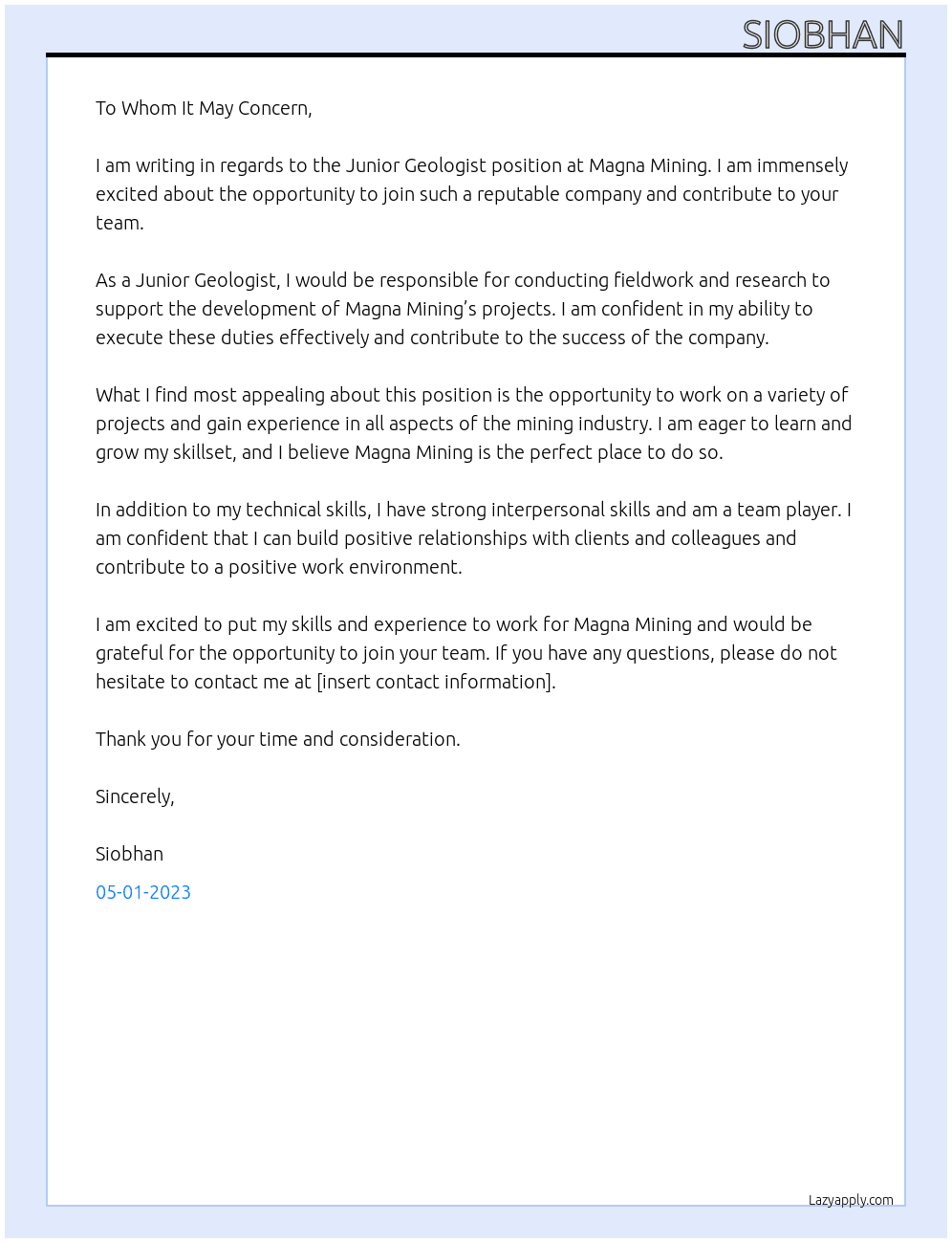 Junior Geologist At Magna Mining Cover Letter