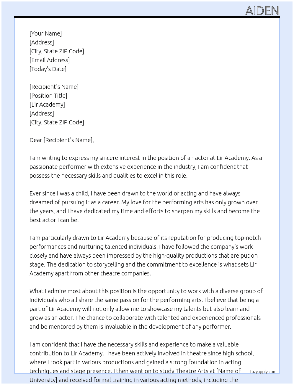 actor At lir academy Cover Letter