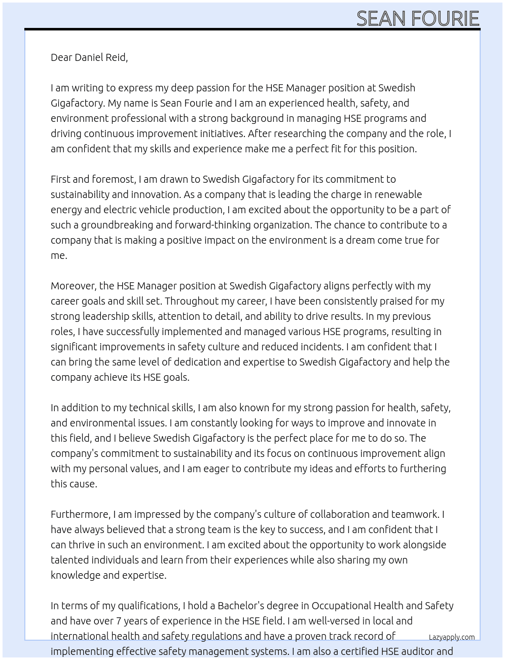 HSE Manager At Swedish Gigafactory Cover Letter