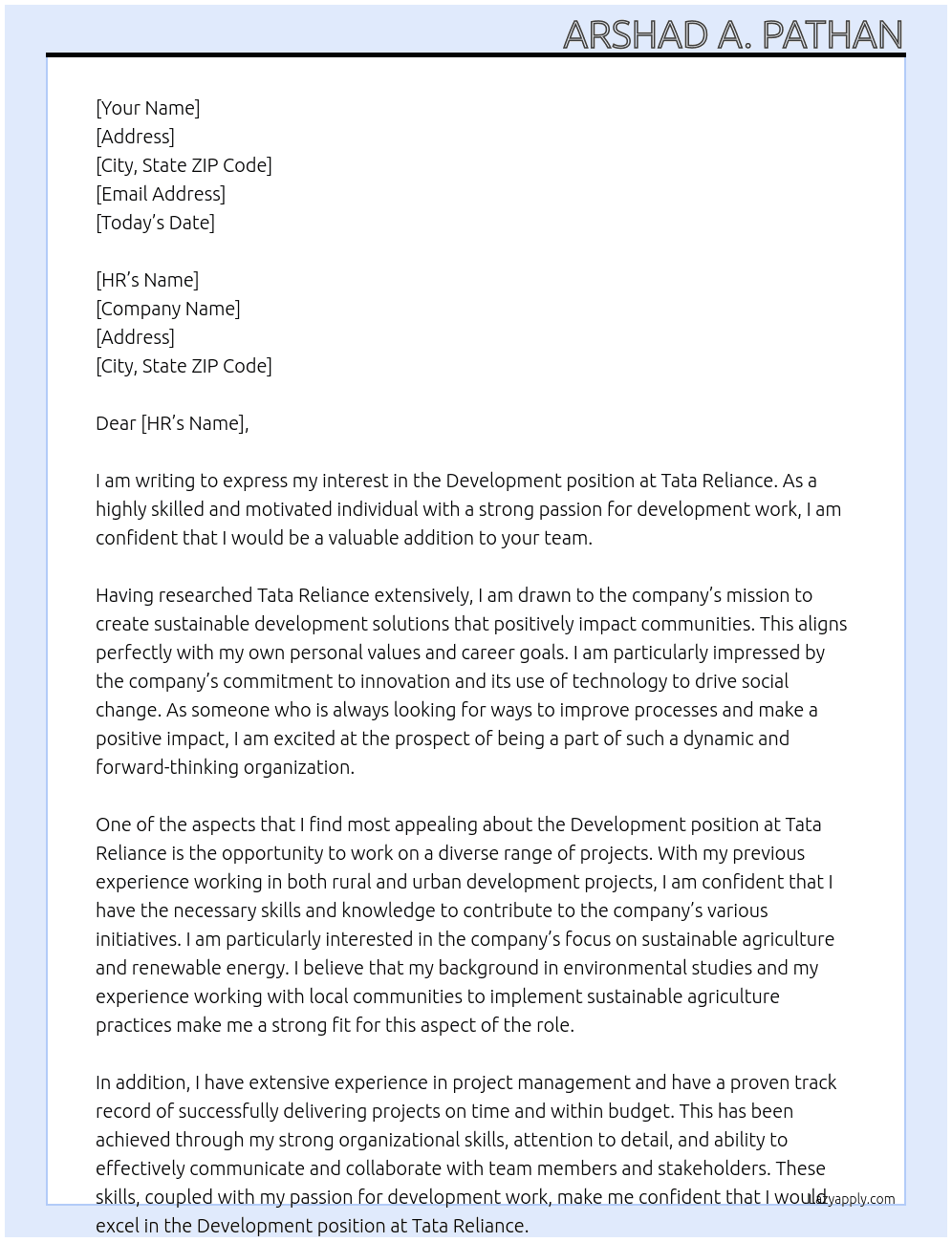 Development At Tata reliance Cover Letter