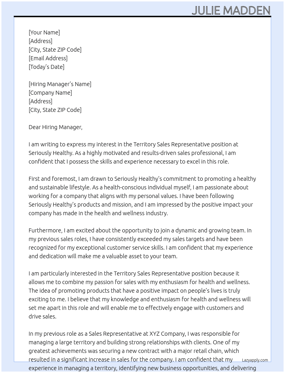 Territory Sales Representative At Seriously Healthy Cover Letter