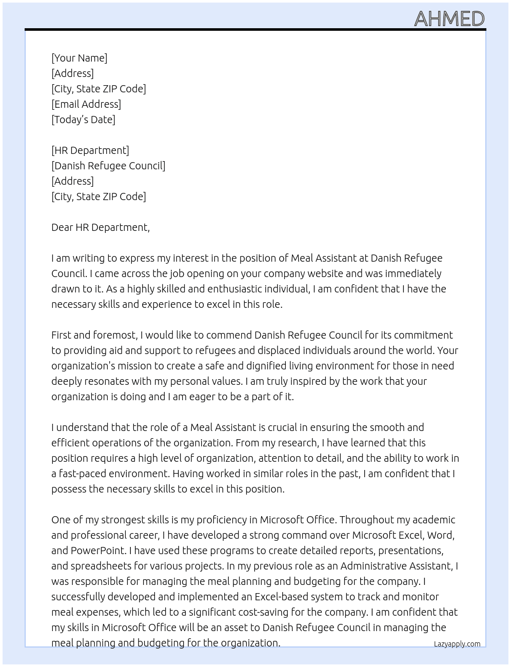 Meal assistant At Danish refugee council  Cover Letter