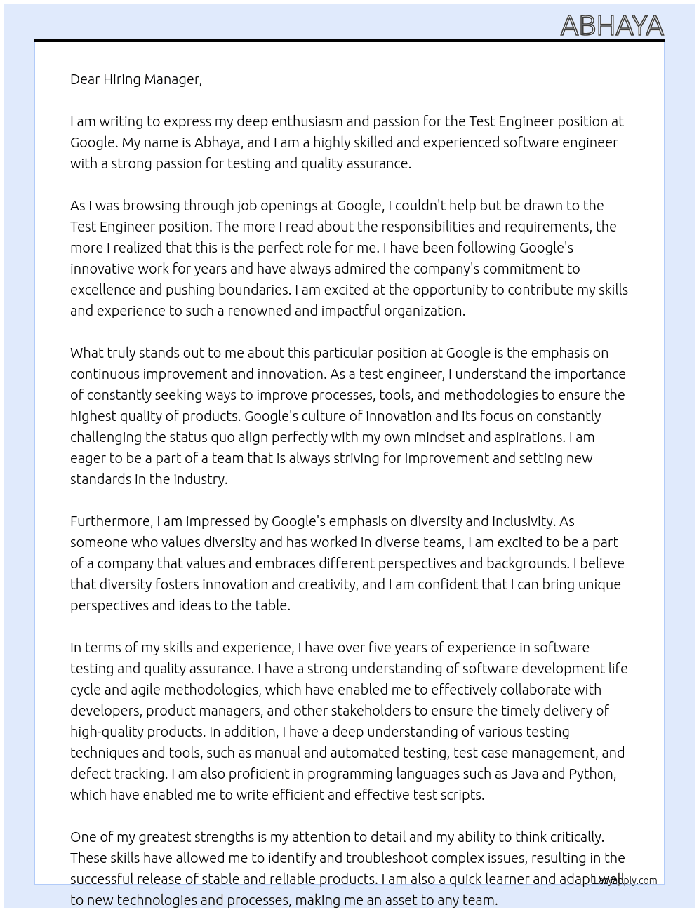 Test engineer At Google Cover Letter