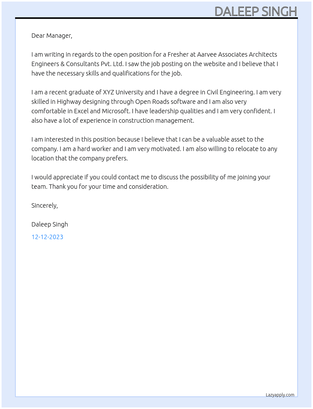 Fresher At Aarvee Associates Architects Engineers & Consultants Pvt. Ltd. Cover Letter