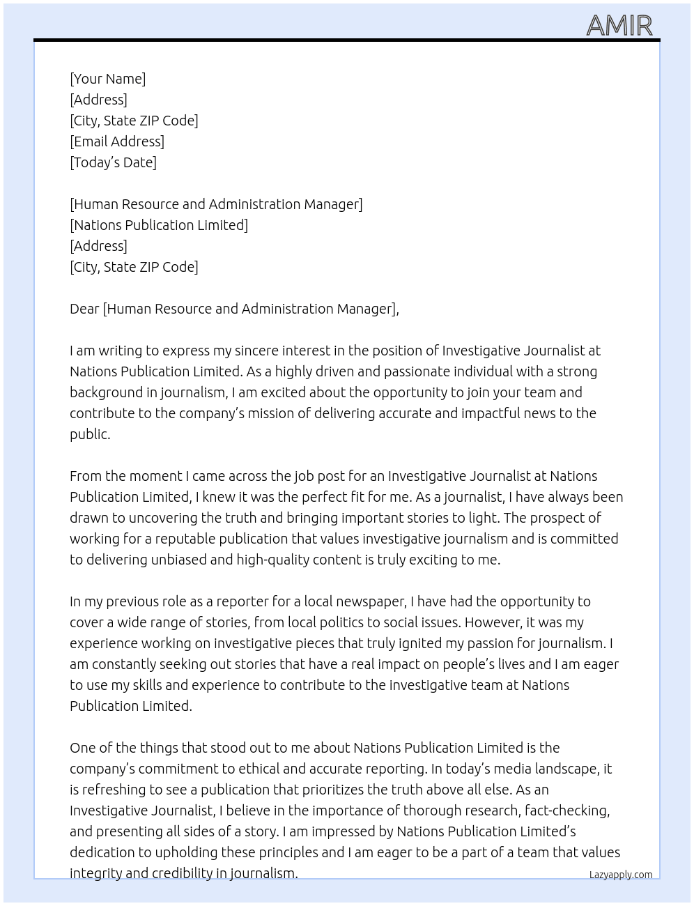INVESTIGATIVE JOURNALIST At Nations publication Limited  Cover Letter